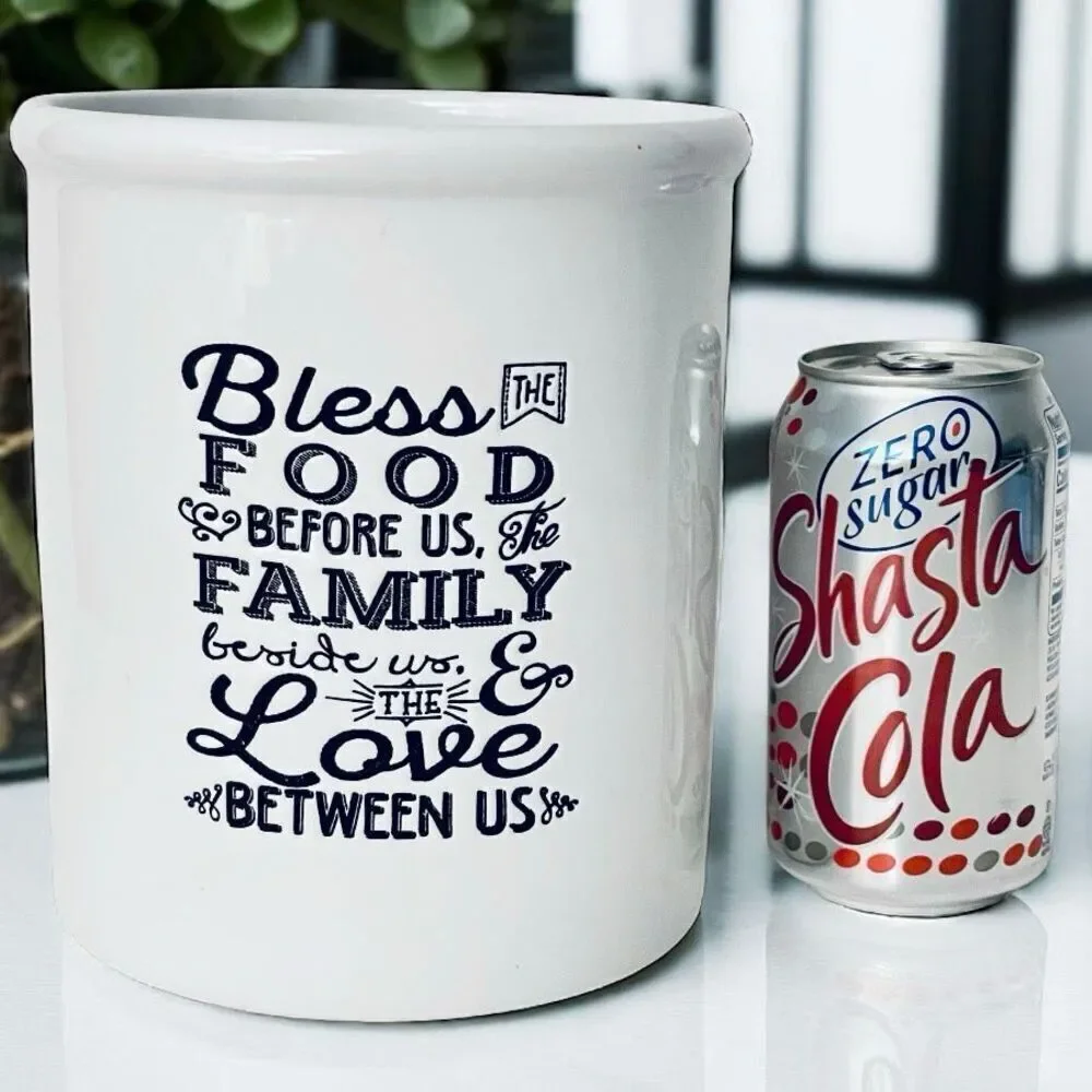 NWT Devotions Bless the Food Utensil White Ceramic Inspirational Container Jar